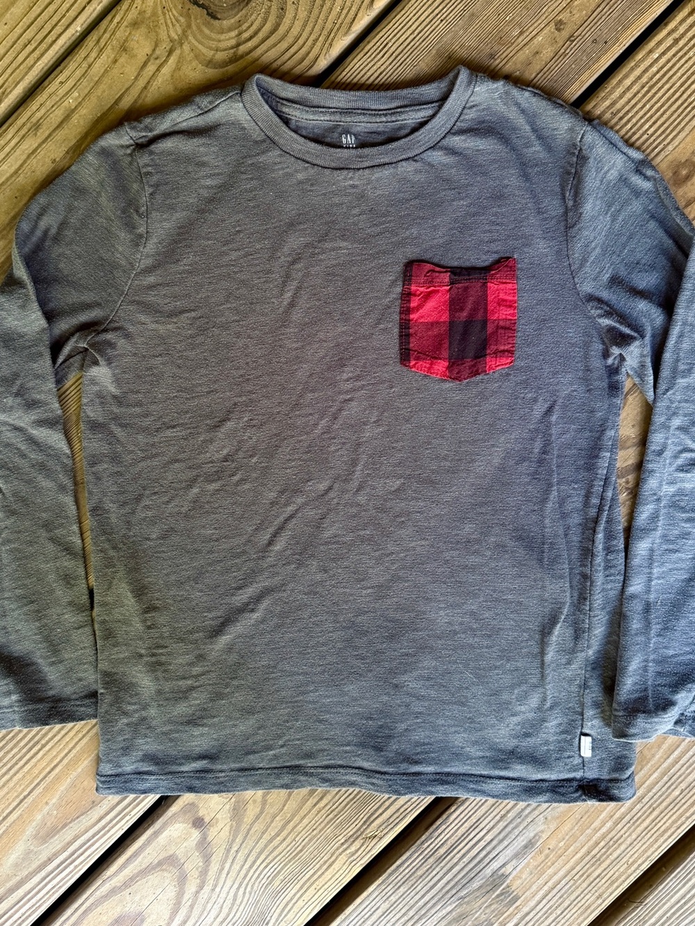 Gap Kids Charcoal Gray Long Sleeve T-Shirt Plaid Pocket Large 10/11